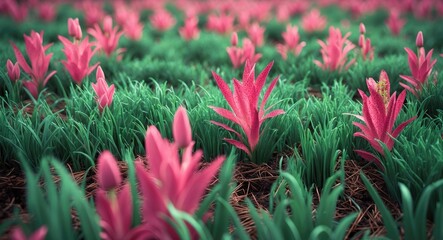Poster - Vibrant pink flowers growing in a lush green field with an emphasis on texture and depth of field.