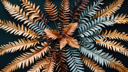 Poster - Multicolored dried fern leaves arranged in a radial pattern on a dark surface creating a natural texture background