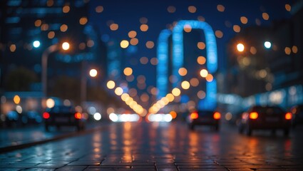 Fototapete - City street at night with blurred car lights and bokeh effect from street lamps and city skyline in the background.