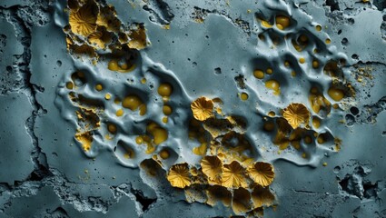 Aufkleber - Microscopic view of textured surface with yellow and gold colored formations on a blue-grey background