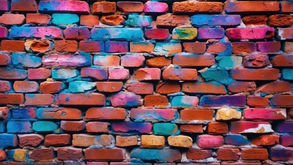 Poster - Colorful graffiti on a textured brick wall with various shades of blue, pink, orange, and purple paint. Urban art background design.