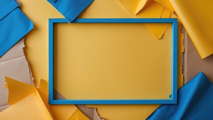 Poster - Colorful paper background with blue frame on yellow surface surrounded by blue and yellow paper scraps