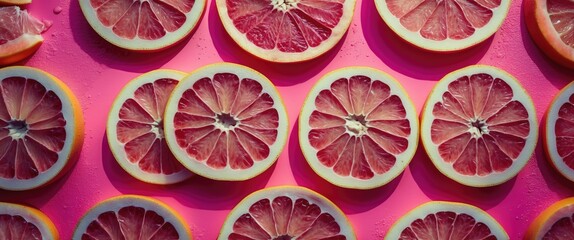 Poster - Slices of pink grapefruit arranged on a vibrant pink background creating a colorful and refreshing food composition