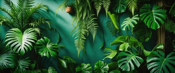 Poster - Lush tropical foliage with various green leaves including monstera and ferns against a textured teal background