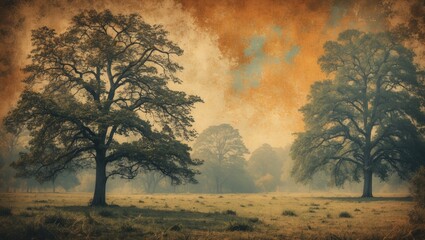 Aufkleber - Landscape featuring two large trees in a misty field with warm orange and blue tones in the background during sunrise or sunset.
