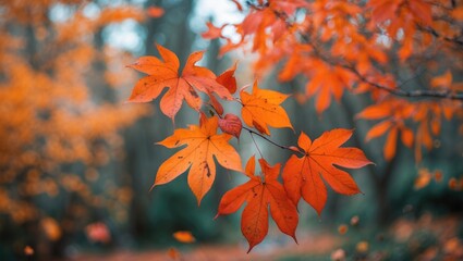 Poster - Vibrant autumn leaves in shades of orange captured against a beautifully blurred natural background showcasing seasonal change.