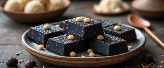 Aufkleber - Chocolate dessert squares with toppings on wooden plate and blurred background of round bowls with snacks