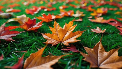 Wall Mural - Vibrant autumn leaves scattered on lush green grass showcasing seasonal beauty in a closeup macro view.