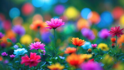 Poster - Vibrant floral background with a natural blur showcasing an array of colorful flowers in a serene garden setting.