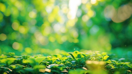 Poster - Green foliage with blurred background capturing sunlight and natural bokeh effects in a lush environment focusing on vibrant leaves