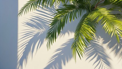 Poster - Green palm leaves casting shadows on a white wall in bright natural light creating a tropical ambiance
