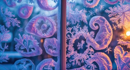 Poster - Intricate frost patterns on a window showcasing winter beauty with delicate designs and a soft glow from ambient light.