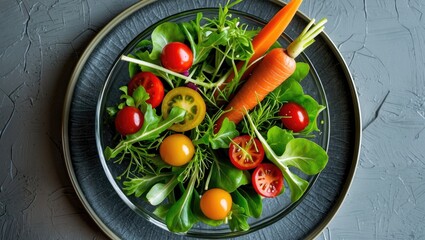 Poster - Plate of fresh vegetables including greens, cherry tomatoes, carrots, and yellow tomatoes on a textured background