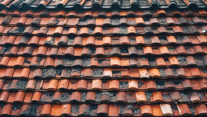 Poster - textured close-up of weathered clay roof tiles with varying shades of orange and brown, showcasing wear and aging over time