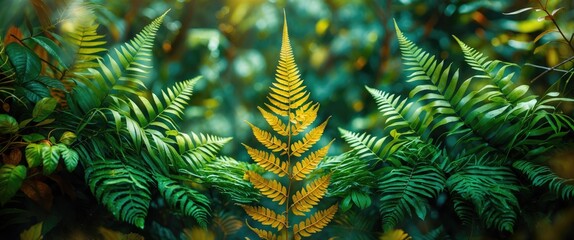 Poster - Vibrant ferns with varying shades of green and yellow foliage creating a lush natural backdrop in a softly blurred environment