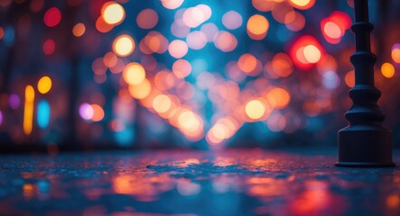 Leinwandbilder - Colorful bokeh lights background with blurred street scene and decorative lamppost at night urban setting