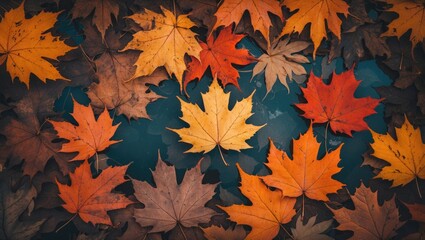 Poster - Colorful autumn leaves in various shades scattered over a dark surface creating a picturesque seasonal background.