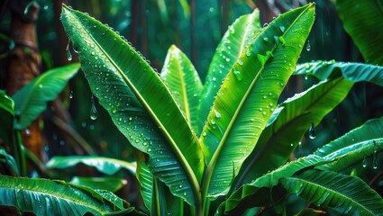 Poster - Lush green banana leaves adorned with water droplets set against a serene natural background evoking freshness and tranquility.