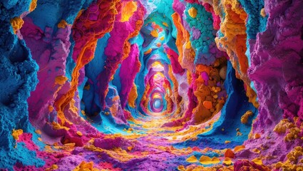 Poster - Vibrant abstract cave formation with colorful textures and vivid hues creating a surreal and artistic atmosphere for creative designs.