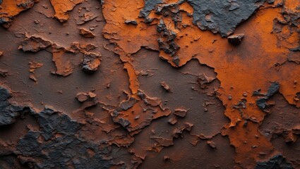 Aufkleber - Textured surface of weathered coral orange and dark gray paint peeling off a wall with rough patches and layers.