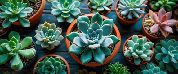 Poster - Collection of various succulent plants in terracotta pots arranged on a wooden surface with diverse shapes and colors