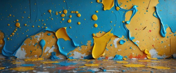 Poster - Abstract paint drips and splatters in blue yellow and orange colors on a textured wall and floor surface showcasing vibrant artistic elements