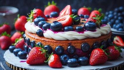 Poster - Fresh fruit layer cake topped with strawberries and blueberries on a dark surface with additional berries in the background.