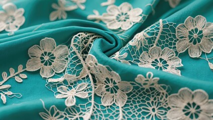 Poster - Turquoise fabric with white floral lace embroidery texture close-up detail design