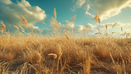 Poster - Dry grassland landscape with golden hues and a vibrant sky ideal for natural backgrounds and texture applications.
