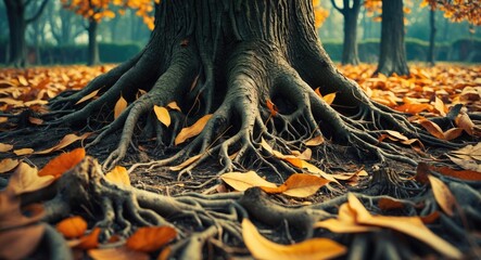 Poster - Tree roots in autumn landscape with fallen leaves creating a natural ground texture in a serene outdoor environment