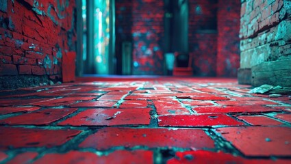 Poster - Red brick floor with blue and green walls in an old industrial hallway, showing textures and lighting effects.
