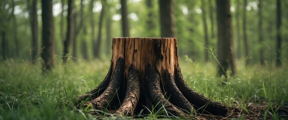 Aufkleber - Tree stump surrounded by grass in a green forest with soft natural lighting and blurred background elements