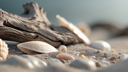 Poster - closeup of beach elements featuring seashells and driftwood on soft sand with a neutral blurred back