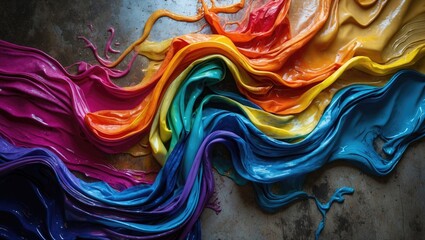 Poster - Vibrant flowing paint in rainbow colors on a metallic background creating an artistic and textured visual composition.