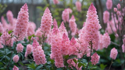 Poster - Pink flowering plants in bloom with elongated spike shapes and lush green foliage in garden setting during daytime.