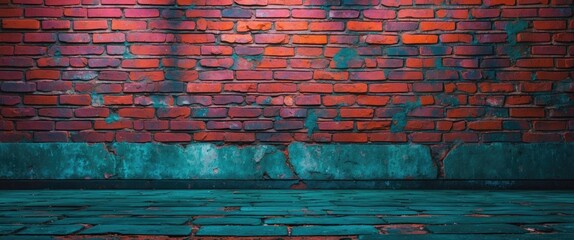 Poster - Textured brick wall with colorful graffiti and weathered concrete floor in urban setting for background and design use.
