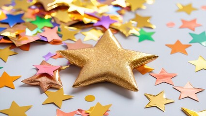 Leinwandbilder - Colorful assortment of star-shaped confetti with a prominent golden star in the foreground on a light background