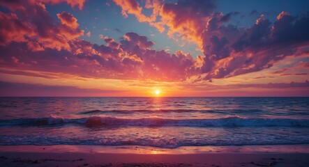 Aufkleber - Vibrant sunset over the ocean with colorful clouds reflecting on the water surface and gentle waves on the shore