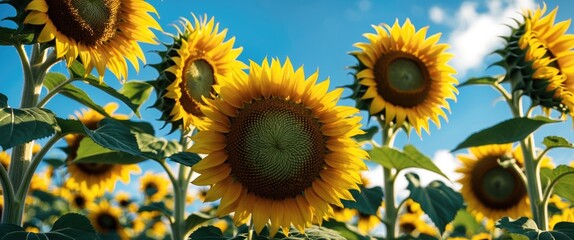 Poster - Vibrant field of sunflowers under a blue sky in summer showcasing bright yellow petals and green foliage