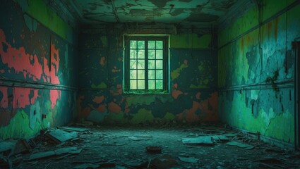 Poster - Abandoned room with colorful grunge walls and natural light filtering through a window creating a mysterious atmosphere.