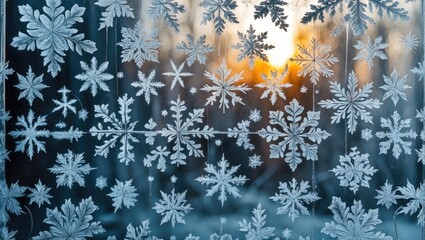 Poster - Frosty window patterns at sunrise capturing intricate ice crystals for a serene winter atmosphere and natural beauty.