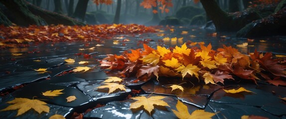 Poster - Autumn scenery with vibrant yellow leaves scattered on textured black stone in a misty forest setting. Captivating seasonal tranquility.