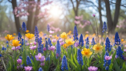 Poster - Colorful spring wildflower meadow with various blossoms and sunlight filtering through trees in the background.