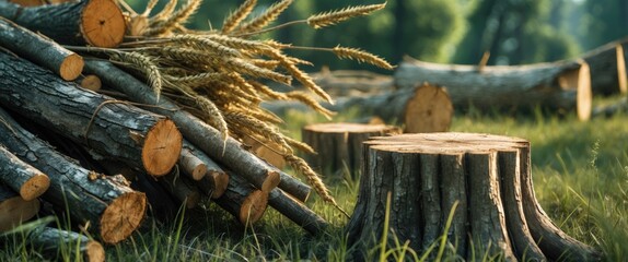 Aufkleber - Wood logs stacked with wheat stalks in a lush green field near tree stumps capturing a natural forest environment.