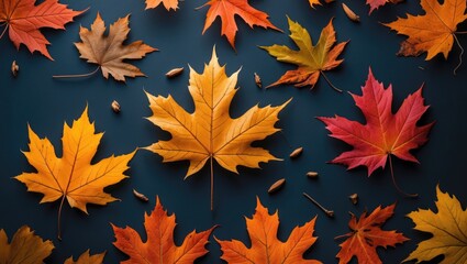 Poster - autumn maple leaves in vibrant colors scattered on a dark background creating a warm seasonal atmosphere and aesthetic perspective view