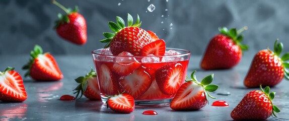 Poster - Fresh strawberries with ice in a glass bowl surrounded by whole strawberries on grey background with water droplets
