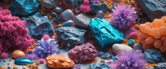 Poster - Colorful abstract arrangement of rocks and flowers featuring vibrant hues of pink, purple, blue, orange, and decorative pebbles on a surface.