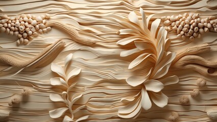 Poster - Textured beige wood background with intricate natural patterns and delicate floral designs, ideal for creative projects and presentations.