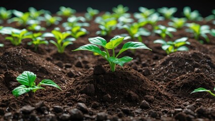 Aufkleber - Fresh green plant sprouts in rich soil, close-up view of seedlings emerging in a farm field under soft lighting