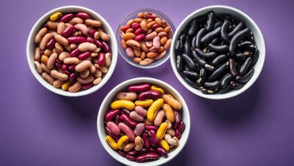 Poster - Various types of beans in white bowls arranged on a purple background showcasing colors and shapes of legumes